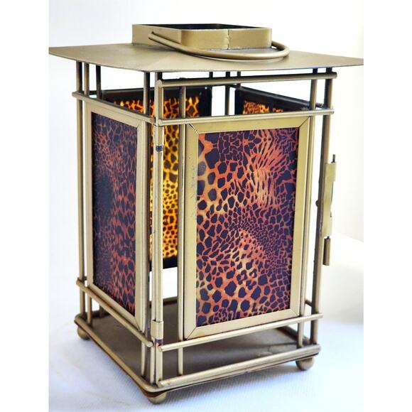 CANDLE HOLDER/Gold Tone-Leopard Glass Sides, Handle to Hang, Latch Door - Picture 2 of 11